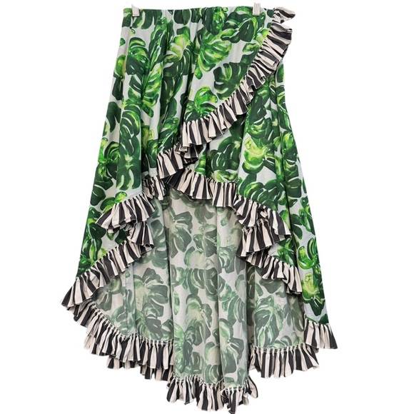 Caroline Constas Maxi High Low Skirt Palm Leaf Print Striped Ruffle Trim Size M - Picture 2 of 8